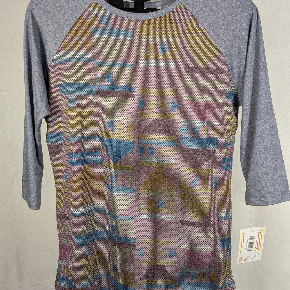 Geometric Pattern Raglan Tee in Lavender, Teal & Mustard - NWT